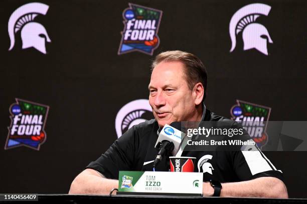 Head coach Tom Izzo of the Michigan State Spartans speaks to the media ahead of the Men's Final Four at U.S. Bank Stadium on April 04, 2019 in...