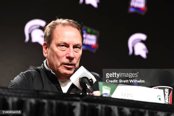 Head coach Tom Izzo of the Michigan State Spartans speaks to the media ahead of the Men's Final Four at U.S. Bank Stadium on April 04, 2019 in...