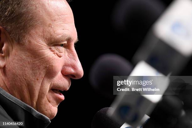 Head coach Tom Izzo of the Michigan State Spartans speaks to the media ahead of the Men's Final Four at U.S. Bank Stadium on April 04, 2019 in...