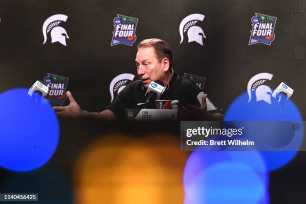 Head coach Tom Izzo of the Michigan State Spartans speaks to the media ahead of the Men's Final Four at U.S. Bank Stadium on April 04, 2019 in...