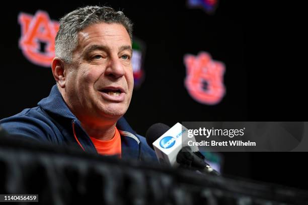 Head coach Bruce Pearl of the Auburn Tigers speaks to the media ahead of the Men's Final Four at U.S. Bank Stadium on April 04, 2019 in Minneapolis,...