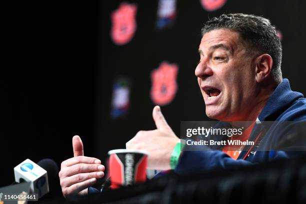 Head coach Bruce Pearl of the Auburn Tigers speaks to the media ahead of the Men's Final Four at U.S. Bank Stadium on April 04, 2019 in Minneapolis,...