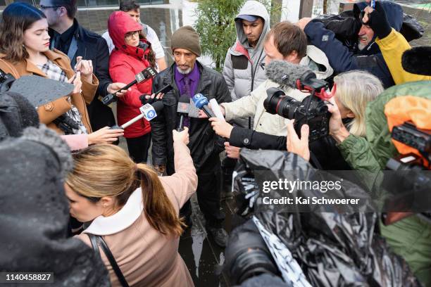 Omar Nabi, whose father Daoud Nabi was killed at Al Noor mosque, speaks to the media after leaving Christchurch High Court on April 05, 2019 in...