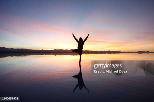 woman in silhouette doing yoga pose at dawn - sunrise yoga foto e immagini stock