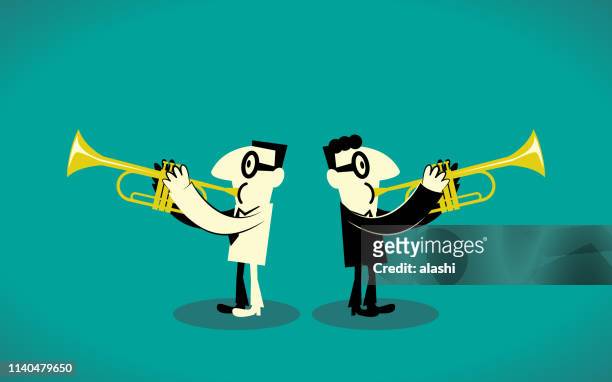 ilustraciones, imágenes clip art, dibujos animados e iconos de stock de dos trompetistas - trompeta