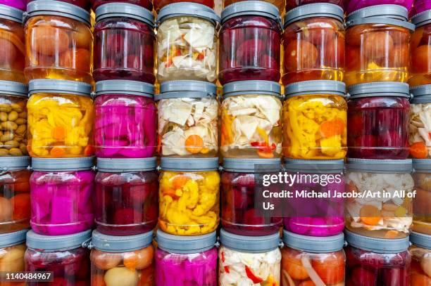 Israel, Tel Aviv-Yafo - 29 March 2019: Fruit and vegetable preserves sold in shuk Levinsky market