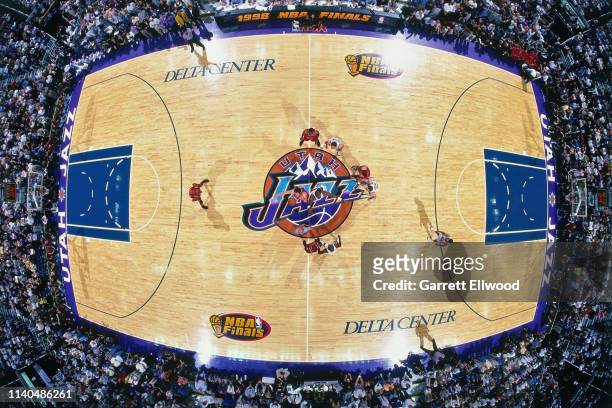 The opening tip-off between the Chicago Bulls and the Utah Jazz during Game Six of the 1998 NBA Finals on June 14, 1998 at the Delta Center in Salt...
