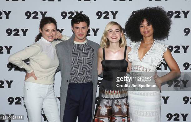 Actors Michelle Gomez, Gavin Leatherwood, Kiernan Shipka and Jaz Sinclair attend a conversation for Netflix's "Chilling Adventures Of Sabrina" at the...