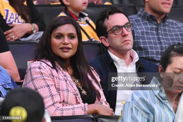 Mindy Kaling and B.J. Novak attend a basketball game between the Los Angeles Lakers and the Golden State Warriors at Staples Center on April 04, 2019...