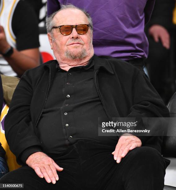 Jack Nicholson attends a basketball game between the Los Angeles Lakers and the Golden State Warriors at Staples Center on April 04, 2019 in Los...