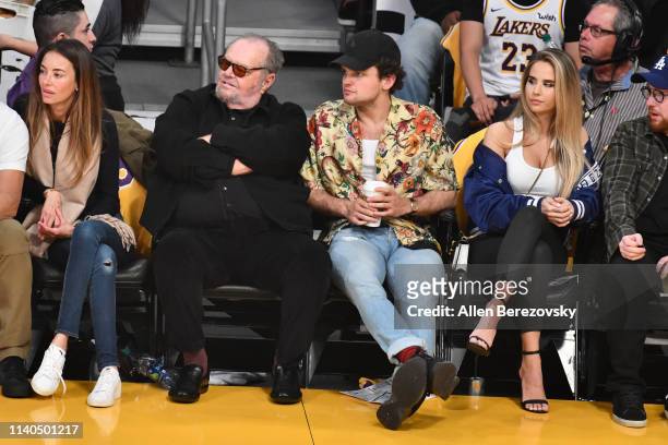 Jack Nicholson and son Ray Nicholson attend a basketball game between the Los Angeles Lakers and the Golden State Warriors at Staples Center on April...