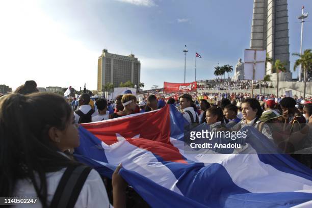 People participate in the May Day parade organized by the Cuban Workers Union at Revolution Square in Havana, capital of Cuba, on May 1, 2019.