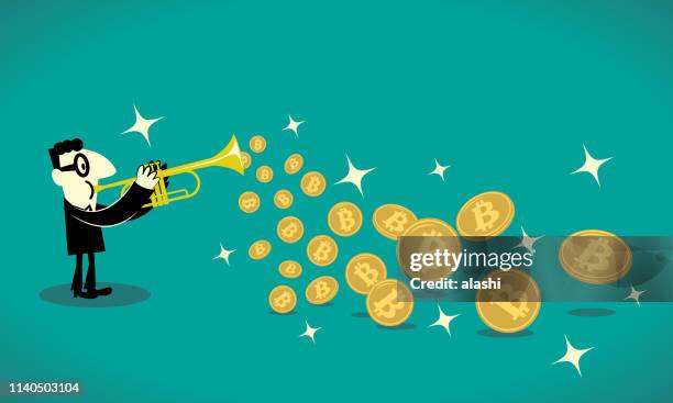 stockillustraties, clipart, cartoons en iconen met zakenman trompet spelen en veel bitcoin cryptocurrency vliegen uit - backstage at chime for change the sound of change live concert