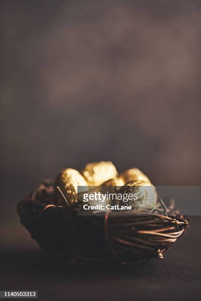 gold eggs in nest. easter background - golden egg stock pictures, royalty-free photos & images