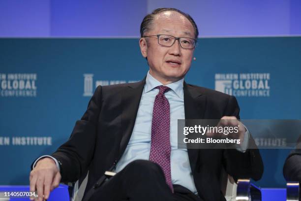 Jim Yong Kim, vice chairman of Global Infrastructure Partners and former president of the World Bank Group, speaks during the Milken Institute Global...