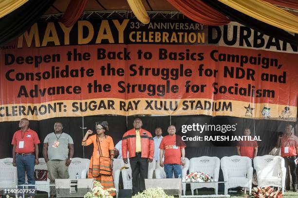 South African President Cyril Ramaphosa , Congress of South African Trade Unions President Zingiswa Losi and South African Communist Party General...