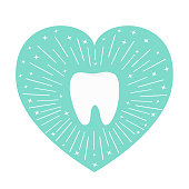 Healthy tooth icon. Heart shape. Round line circle. Oral dental hygiene. Children teeth care. Shining effect stars. Blue background. Isolated. Flat design.
