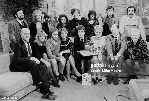 Am broadcasters posing for a group photo, UK, 1st February 1984; including Anne Diamond and Nick Owen. Back row includes: Eve Pollard , Roland Rat,...