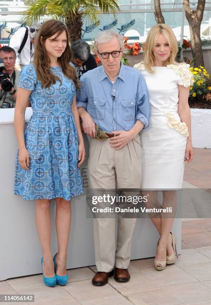 Actress Lea Seydoux, director Woody Allen and actress Rachel McAdams attend the "Midnight In Paris" Photocall at the Palais des Festivals during the...