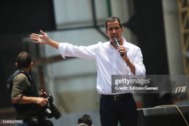 Venezuelan opposition leader Juan Guaidó speaks during a demonstration at avenida Francisco de Miranda on May 1, 2019 in Caracas, Venezuela....