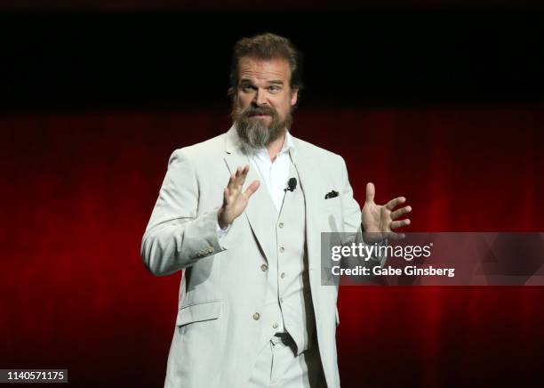 Actor David Harbour speaks during Lionsgate presentation during CinemaCon at The Colosseum at Caesars Palace on April 04, 2019 in Las Vegas, Nevada....