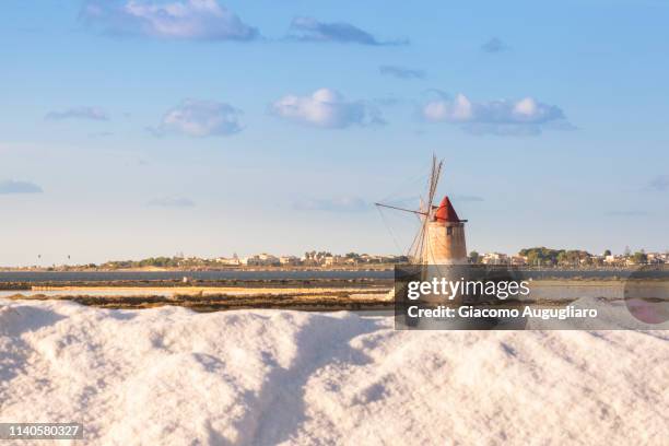 close up of salt and a fully functional windmill in the background on the coast connecting marsala to trapani, trapani province,sicily,italy - marsala sicily fotografías e imágenes de stock