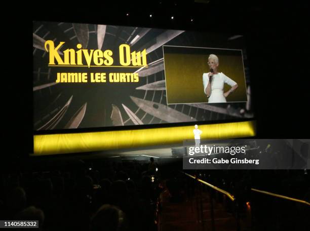 Actress Jamie Lee Curtis talks about the upcoming movie "Knives Out" during Lionsgate presentation during CinemaCon at The Colosseum at Caesars...