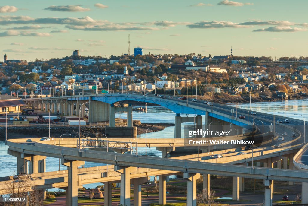 Canada, New Brunswick, Saint John, Saint John Harbour Bridge, elevated view