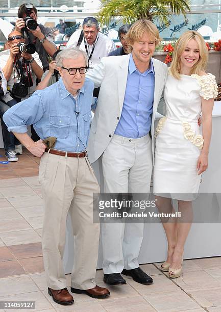 Director Woody Allen and actors Owen Wilson and Rachel McAdams attend the "Midnight In Paris" Photocall at the Palais des Festivals during the 64th...