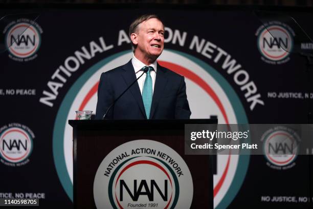 Democratic presidential candidate former Colorado Gov. John Hickenlooper speaks at the National Action Network's annual convention on April 5, 2019...