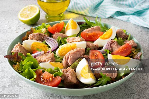 tuna salad with eggs, tomato and onions - tuna stockfoto's en -beelden