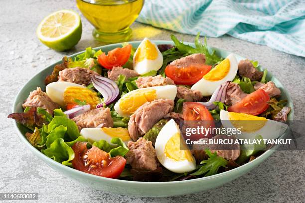 tuna salad with eggs, tomato and onions - salad nicoise stock pictures, royalty-free photos & images