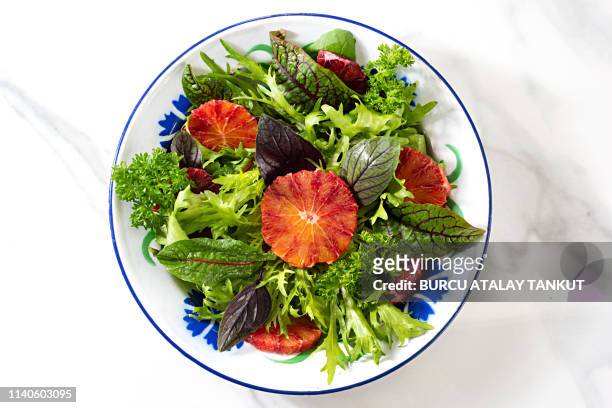 fresh green salad with blood oranges - leaf lettuce stock pictures, royalty-free photos & images