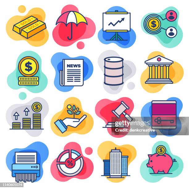 central bank transparency flat line liquid style vector icon set - copper gradient stock illustrations