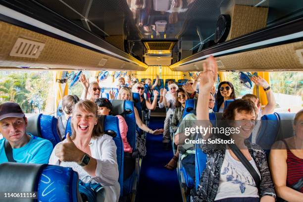 excited to travel - bus group stock pictures, royalty-free photos & images