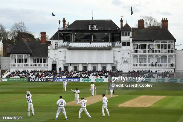 Samit Patel of Nottinghamshire avoids a ball from Duanne Olivier of Yorkshire during the Specsavers County Championship Division One match between...