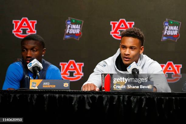 Jared Harper and Bryce Brown of the Auburn Tigers speak to the media ahead of the Men's Final Four at U.S. Bank Stadium on April 05, 2019 in...