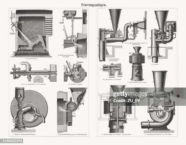 furnace firing devices, germany, wood engraving, published in 1898 - supercharged engine stock illustrations