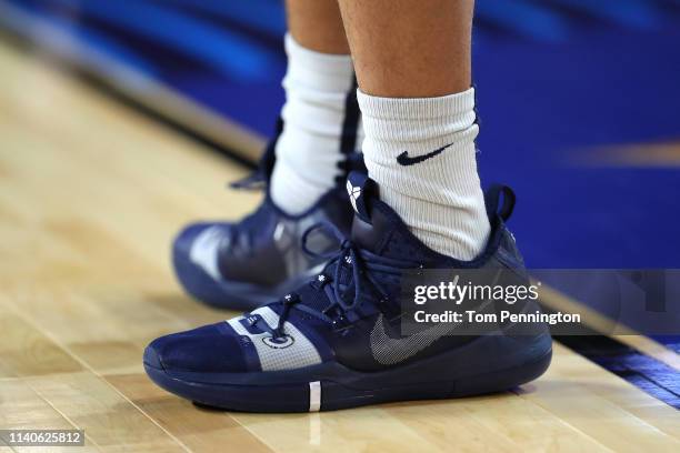 Detail view of the Nike Kobe AD sneakers worn by the Auburn Tigers during practice prior to the 2019 NCAA men's Final Four at U.S. Bank Stadium on...