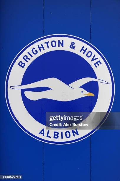 Detailed view of a Brighton & Hove Albion club badge outside the stadium prior to the Premier League 2 match between Brighton & Hove Albion U23 and...