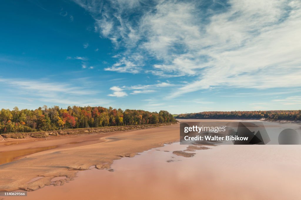 Canada, Nova Scotia, Green Oaks, Fundy Tidal Interpretive Area, elevated view of huge Bay of Fundy  tides on the Shubenacadie River