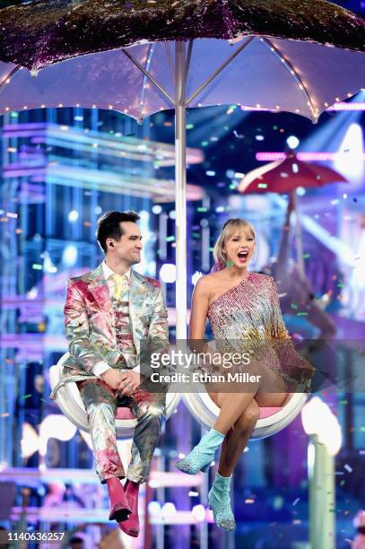 Brendon Urie of Panic! at the Disco and Taylor Swift perform onstage during the 2019 Billboard Music Awards at MGM Grand Garden Arena on May 1, 2019...