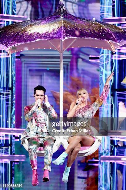 Brendon Urie of Panic! at the Disco and Taylor Swift perform onstage during the 2019 Billboard Music Awards at MGM Grand Garden Arena on May 1, 2019...