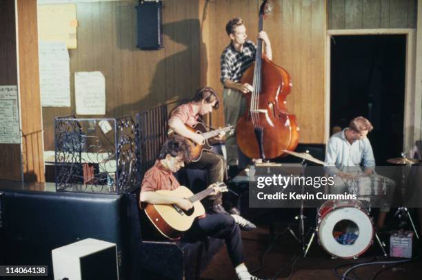 Ian McCulloch, Will Sergeant, Pete De Freitas and Les Pattinson of British band Echo and the Bunnymen circa 1984.