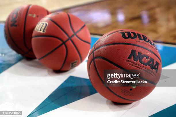 Basketballs sit on the court during practice prior to the 2019 NCAA men's Final Four at U.S. Bank Stadium on April 5, 2019 in Minneapolis, Minnesota.