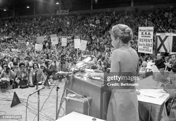 Columnist, Phyllis Scholarly, speaks to a rally of 10,000 opponents of the National Women's Conference at a family day rally at the Astro Arena. In...