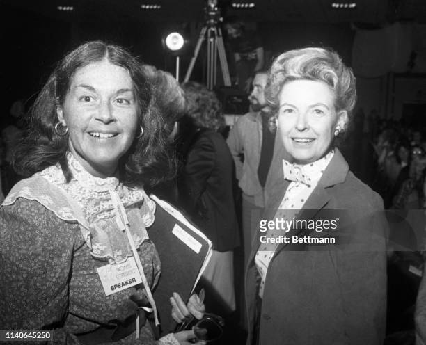 Karen DeCrow former president of the National Organization of Women arrives at the Hartford Civic Center Exhibition Hall, with Phyllis Schlafly, the...