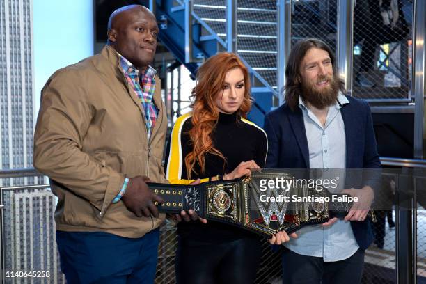 Superstars Bobby Lashley, Becky Lynch and Daniel Bryan Celebrate Wrestlemania 35 at The Empire State Building on April 05, 2019 in New York City.