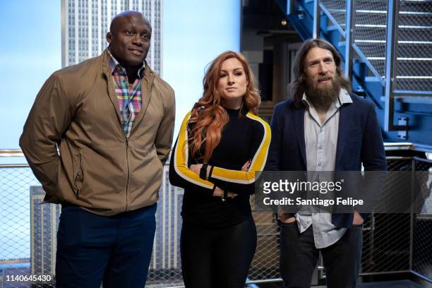Superstars Bobby Lashley, Becky Lynch and Daniel Bryan Celebrate Wrestlemania 35 at The Empire State Building on April 05, 2019 in New York City.