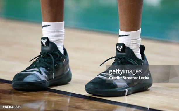 Detail view of the Nike Kobe AD sneakers worn by the Michigan State Spartans prior to the 2019 NCAA men's Final Four at U.S. Bank Stadium on April 5,...